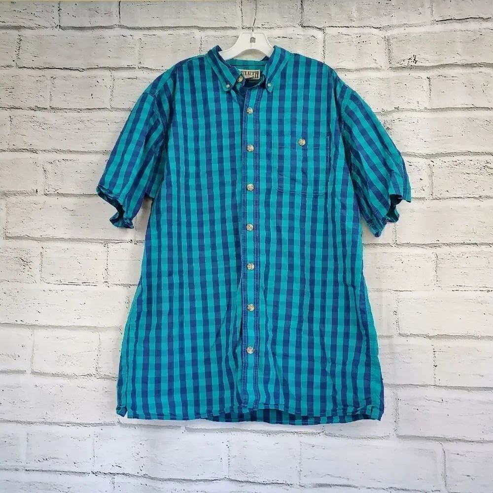 Duluth Trading Large Tall Plaid short sleeve Button Up shirt Blue Large